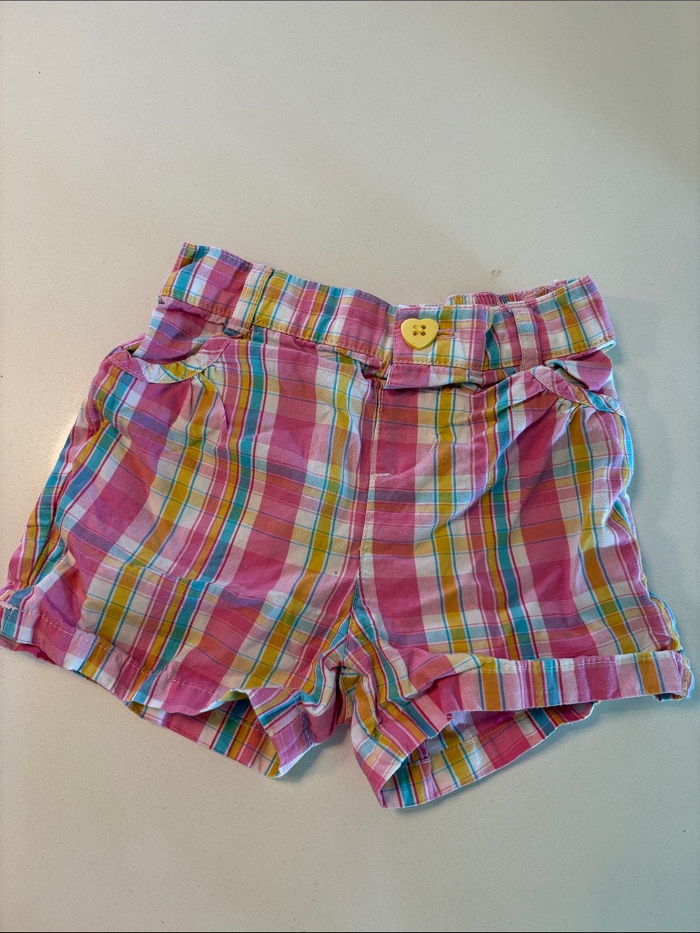 George Pink Plaid Cotton Shorts with Yellow Heart Button